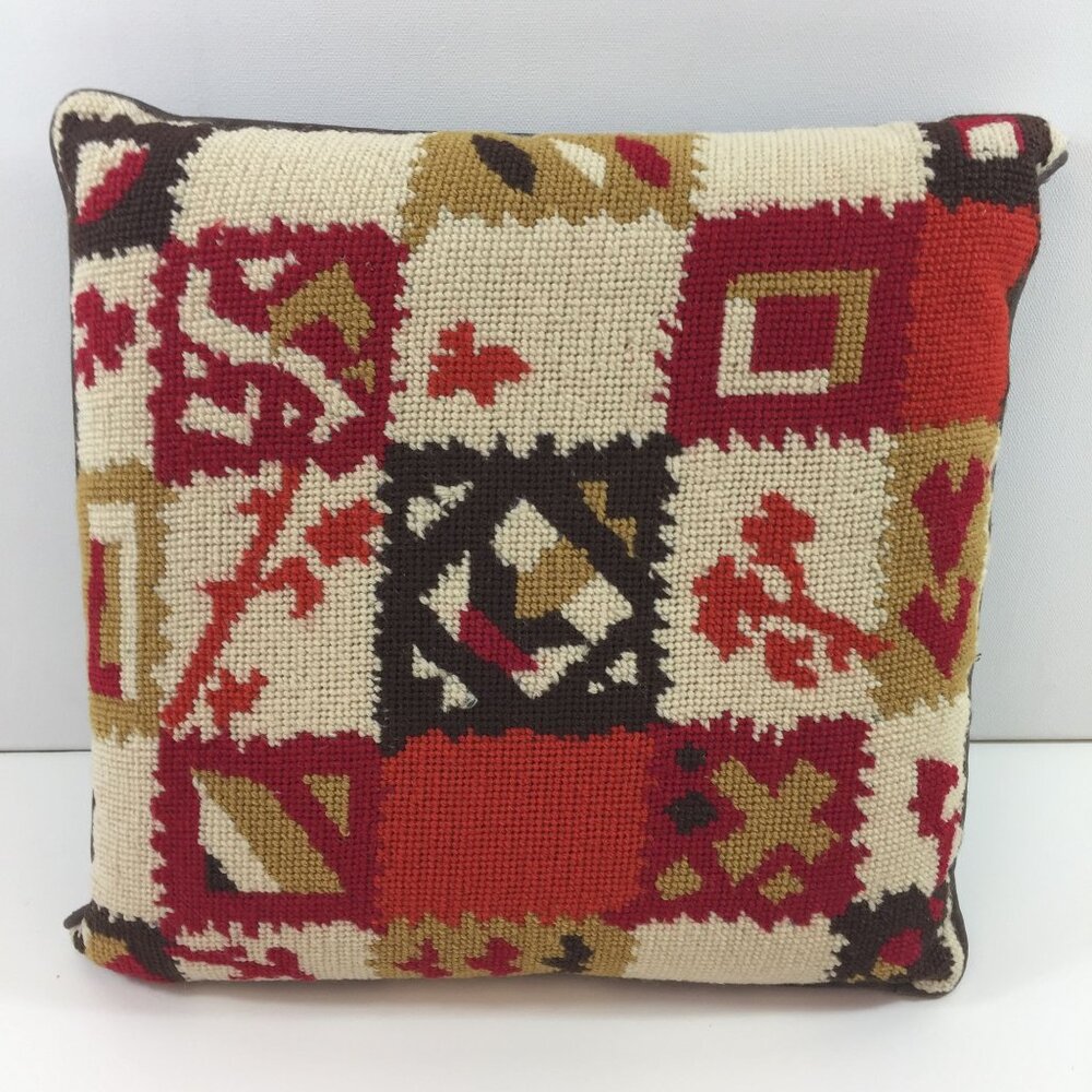Vintage Handmade Needlepoint Pillow Home Decor Brown Yellow Orange Floral 13"